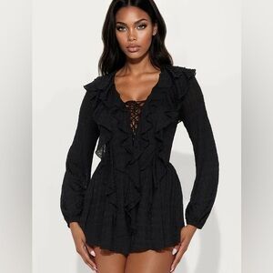 Sharlene Jacquard Lace-Up Long Sleeve Romper NEW 🏷️